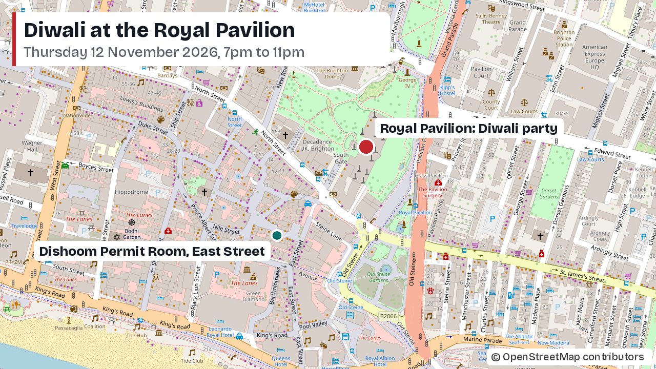 Map of central Brighton showing the Royal Pavilion, where the Diwali party is held, and Dishoom Permit Room on East Street in the Lanes, a short walk to the south west