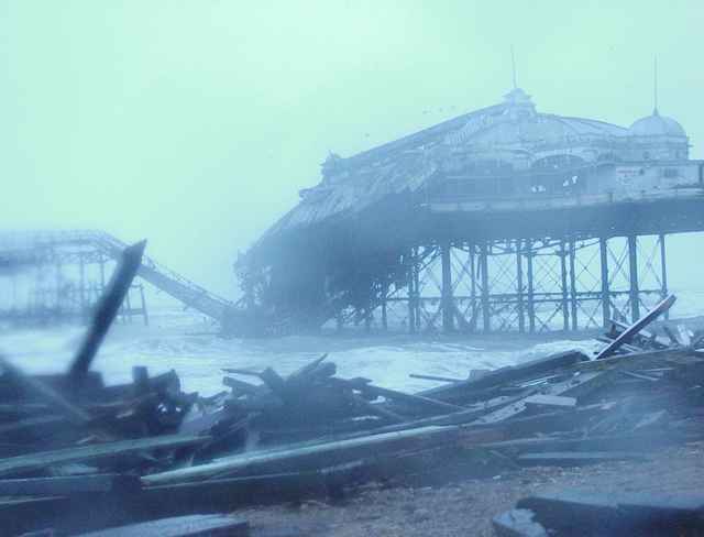 The collapsed concert hall of the West Pier with timber debris in 2003