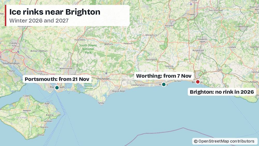 Map of the Sussex and Hampshire coast showing Brighton, with no ice rink in 2026, and the ice rinks in Worthing and Portsmouth