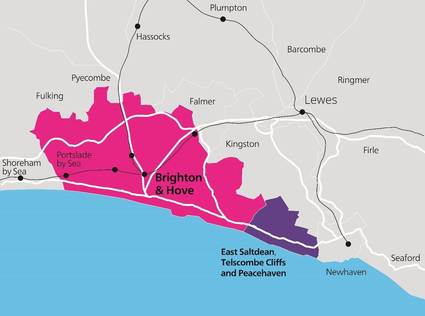 Map of Brighton and Hove in pink with East Saltdean, Telscombe Cliffs and Peacehaven in purple to the east and Falmer, Kingston, Lewes and Newhaven outside the boundary