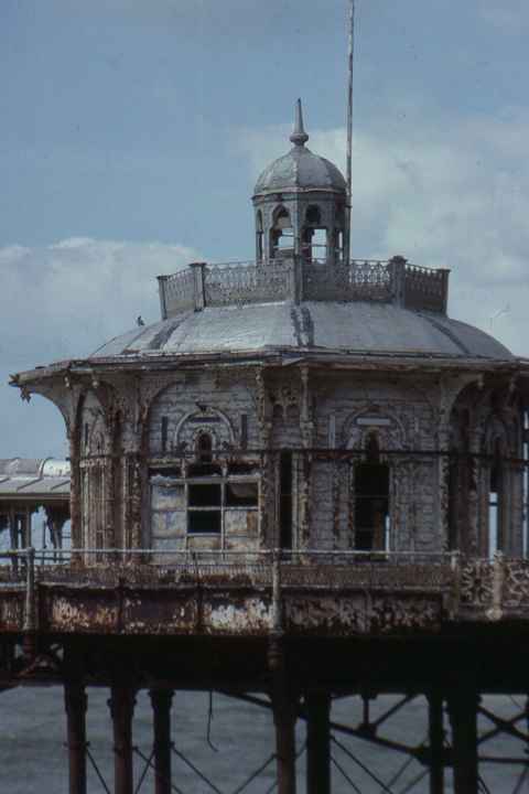Close view of an ornate pier pavilion dome in 1990