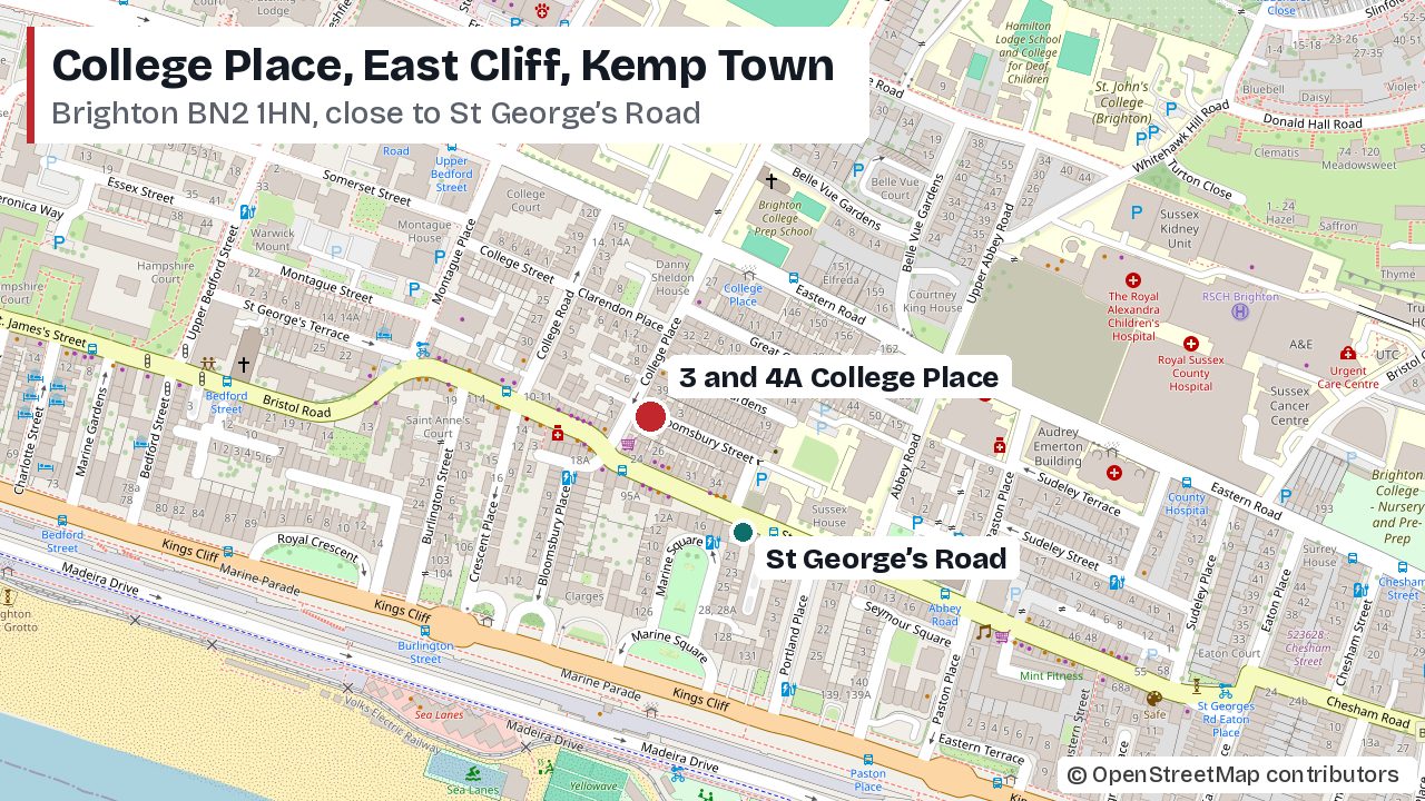 Map of the East Cliff area of Kemp Town in Brighton with 3 and 4A College Place marked near the junction with St George’s Road, north of Marine Parade and west of the Royal Sussex County Hospital