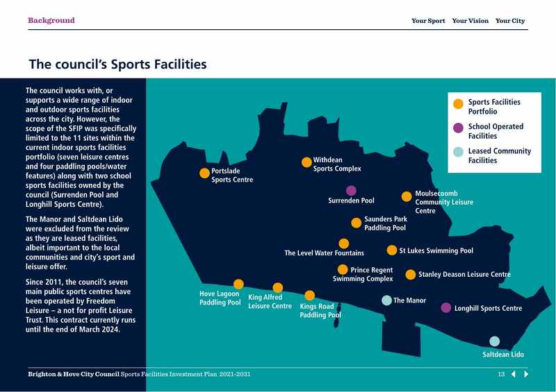 Page 13 of the Sports Facilities Investment Plan, with a map of the council’s sports facilities across Brighton and Hove