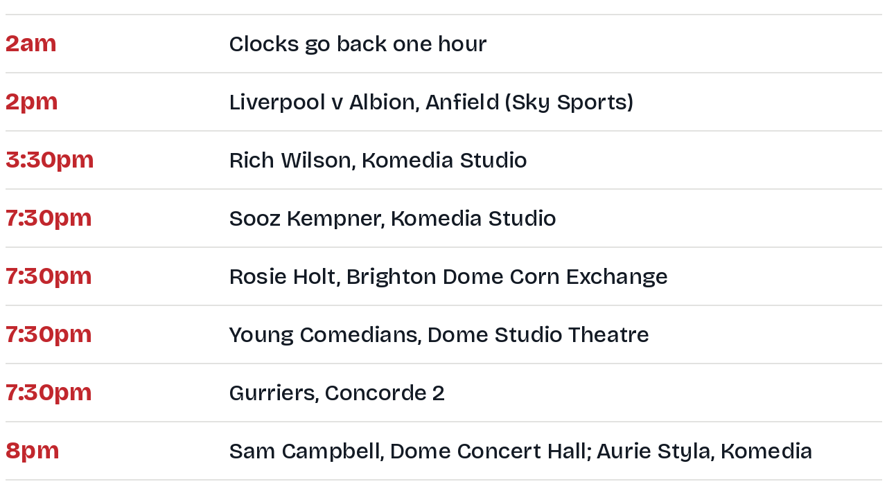 Running order for Sunday 25 October: 2am clocks go back; 2pm Liverpool v Albion at Anfield; 3:30pm Rich Wilson at Komedia Studio; 7:30pm Sooz Kempner at Komedia Studio, Rosie Holt at Brighton Dome Corn Exchange, Young Comedians at Brighton Dome Studio Theatre and Gurriers at Concorde 2; 8pm Sam Campbell at Brighton Dome Concert Hall and Aurie Styla at Komedia