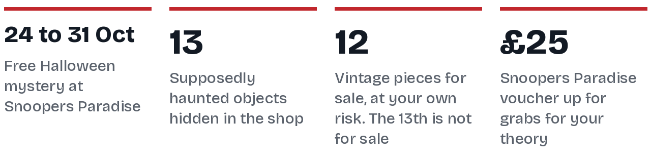Four key facts: a free Halloween mystery from 24 to 31 October; 13 supposedly haunted objects hidden in the shop; 12 are vintage pieces for sale at your own risk and the 13th is not for sale; a 25 pound Snoopers Paradise voucher is up for grabs