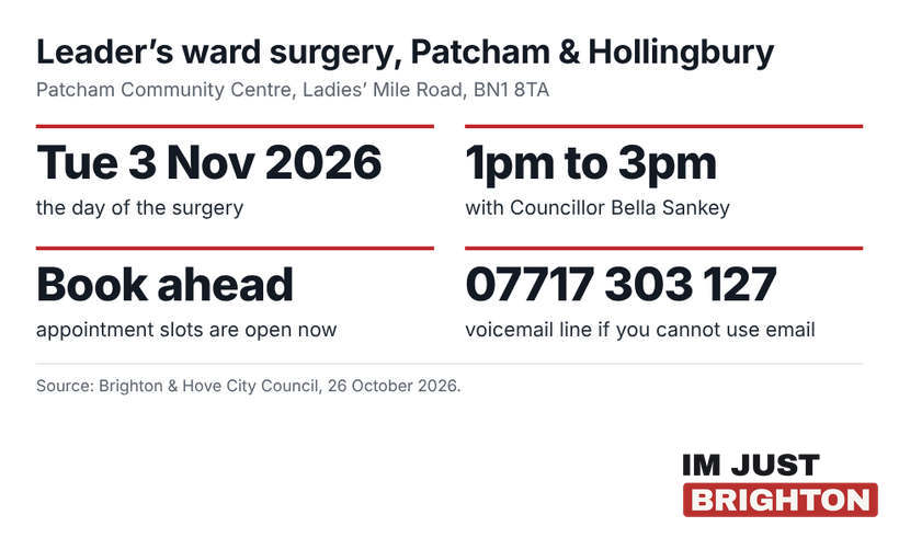 Leader’s ward surgery in Patcham and Hollingbury: Tuesday 3 November 2026, 1pm to 3pm with Councillor Bella Sankey, appointment slots open now, voicemail line 07717 303 127