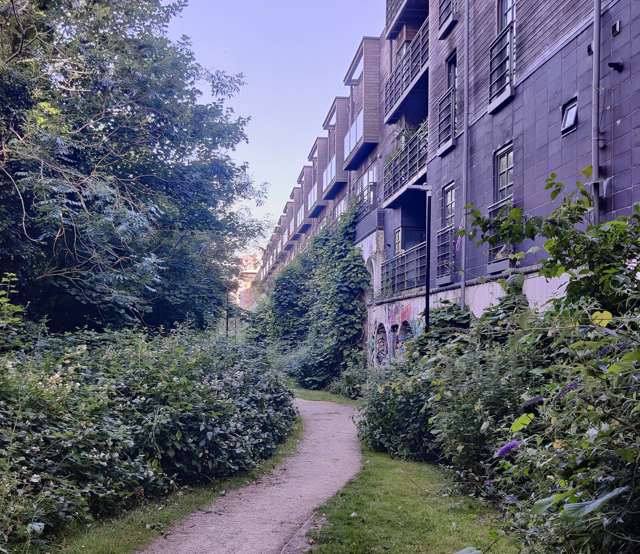 The Brighton Greenway, a footpath beside the railway line in Brighton, with a tall block of flats alongside