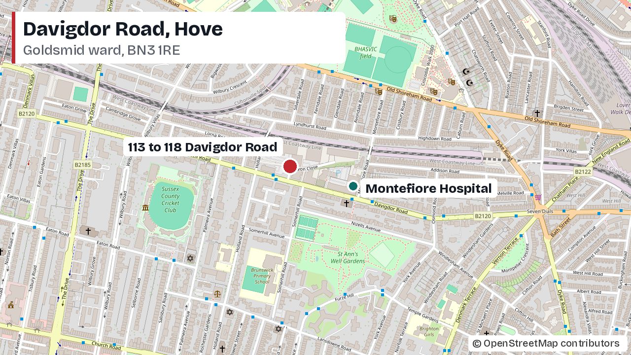 Map of Davigdor Road in Hove with 113 to 118 Davigdor Road marked near Lyon Close, on the north side of the road, and Montefiore Hospital marked a short way to the east