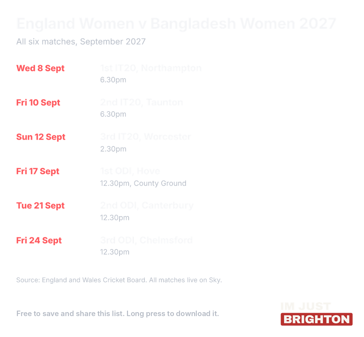 Fixture list for England Women v Bangladesh Women 2027: three IT20s at Northampton, Taunton and Worcester, then ODIs at Hove, Canterbury and Chelmsford