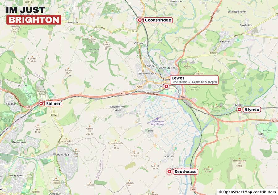 Map of the five stations where trains are not expected to stop from 5pm on 5 November: Falmer, Cooksbridge, Lewes, Glynde and Southease