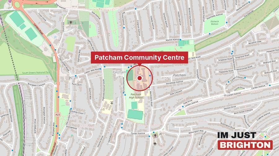 A map of Patcham in Brighton with Patcham Community Centre on Ladies’ Mile Road marked in red