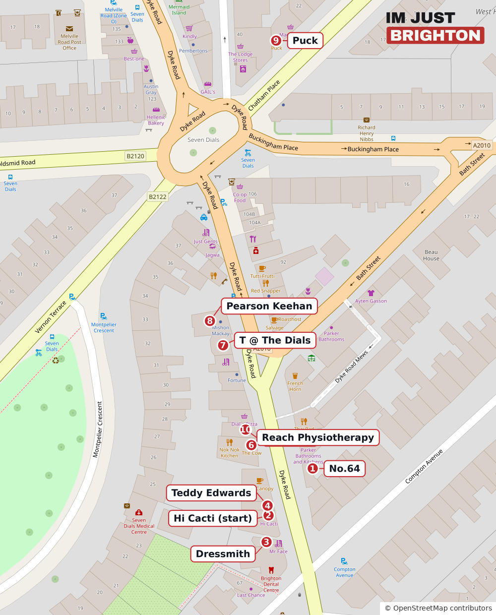 Map of Seven Dials in Brighton with numbered pins for the Trick or Treat Trail stops on Dyke Road and Chatham Place