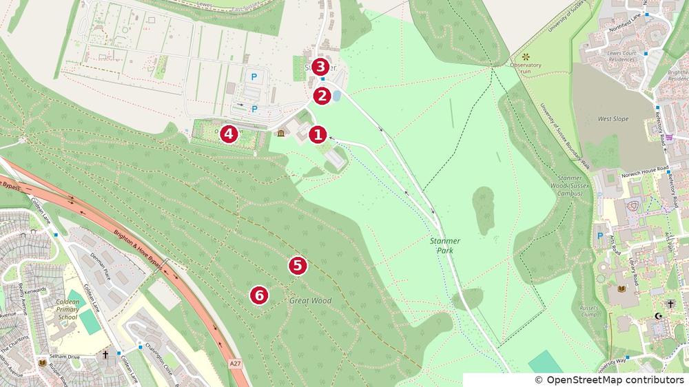 A close up map of Stanmer Park with six numbered markers for the house, church, village, walled garden, Frankland Monument and Great Wood