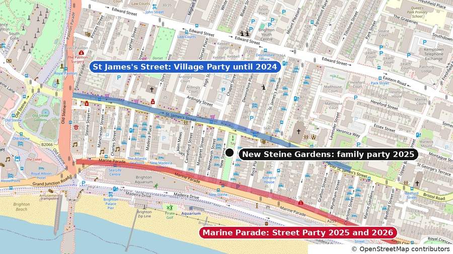 A map of Kemp Town in Brighton with St James’s Street highlighted in blue, Marine Parade highlighted in red and New Steine Gardens marked with a black dot