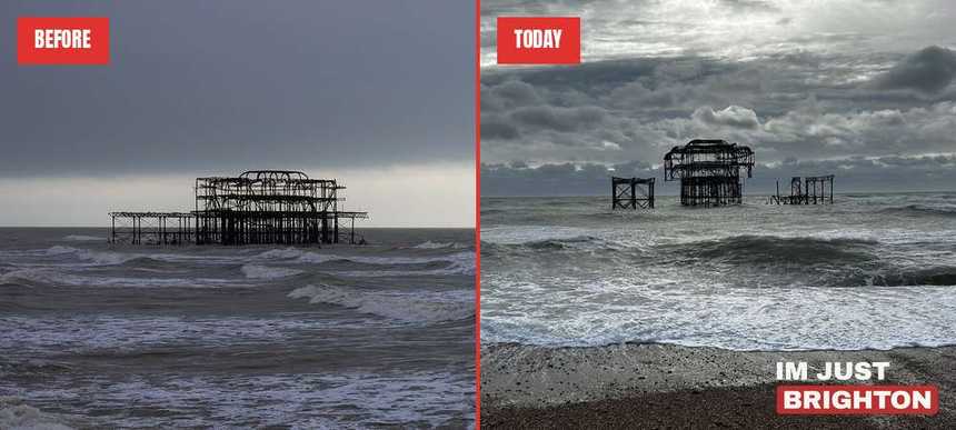 Two photos of the West Pier in rough sea: on the left in February 2024 as one connected frame under a dark sky, on the right on Friday as three separate pieces of ironwork under broken cloud