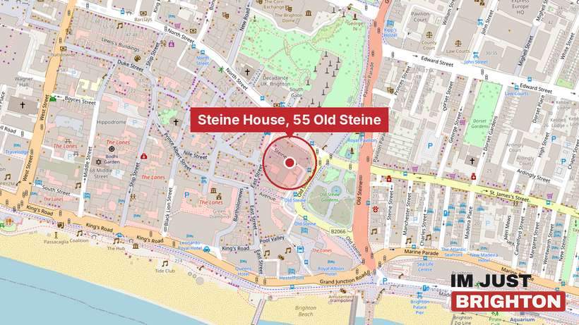 A map of central Brighton with Steine House, 55 Old Steine, marked in red beside the Old Steine Gardens, the Royal Pavilion and the seafront