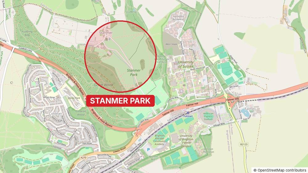 A map of Stanmer Park north east of the A27 bypass, next to the University of Sussex campus, with the park circled in red