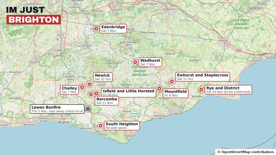 Map of bonfire events still to come in 2026 across East Sussex and west Kent, from Chailey and Newick to Rye, with Lewes marked