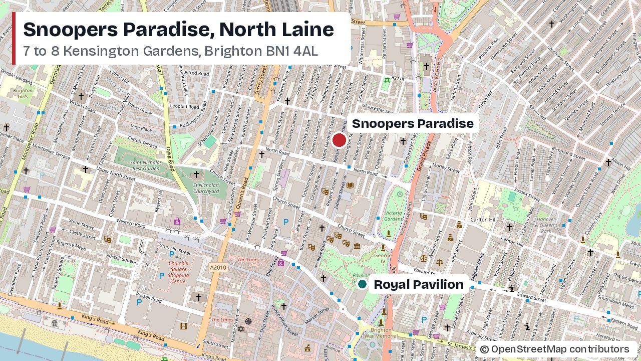 Map of the North Laine area of Brighton with Snoopers Paradise marked in Kensington Gardens, north of North Road, and the Royal Pavilion to the south east
