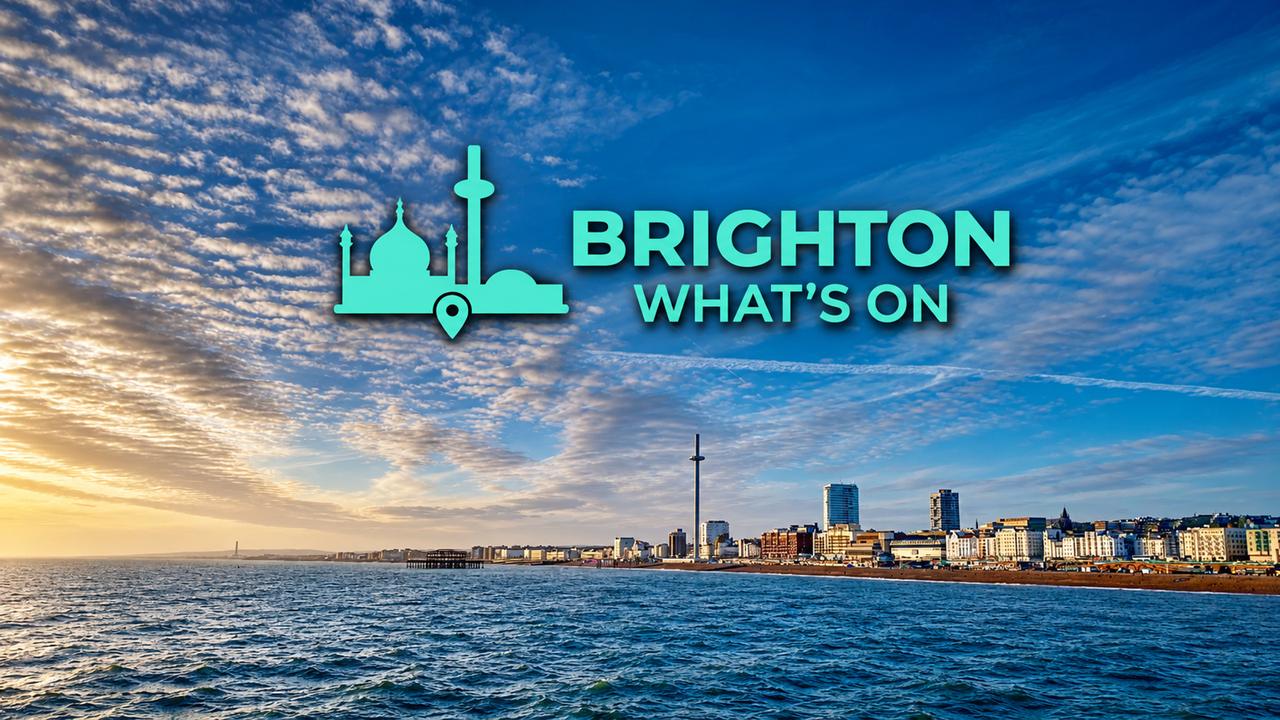 The Brighton What’s On logo in mint green over a photograph of Brighton’s seafront skyline at sunset