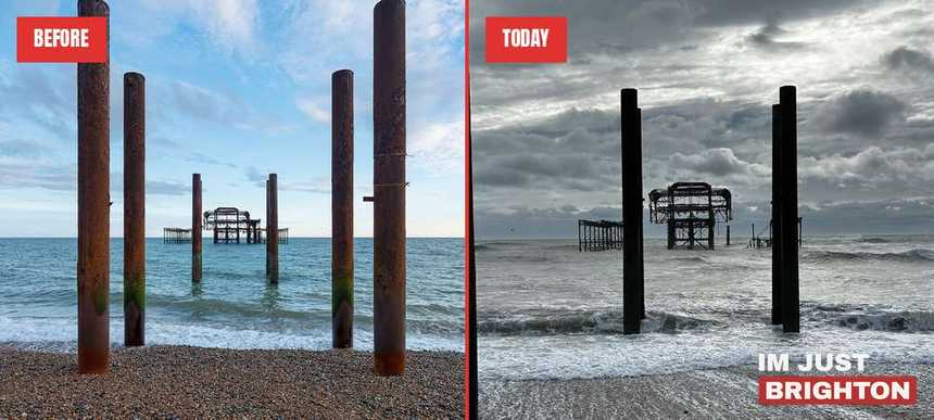 Two photos of the West Pier from the same spot on the beach between iron pier legs: on the left in 2024 in blue sky and calm sea, on the right on Friday in grey cloud and rough surf