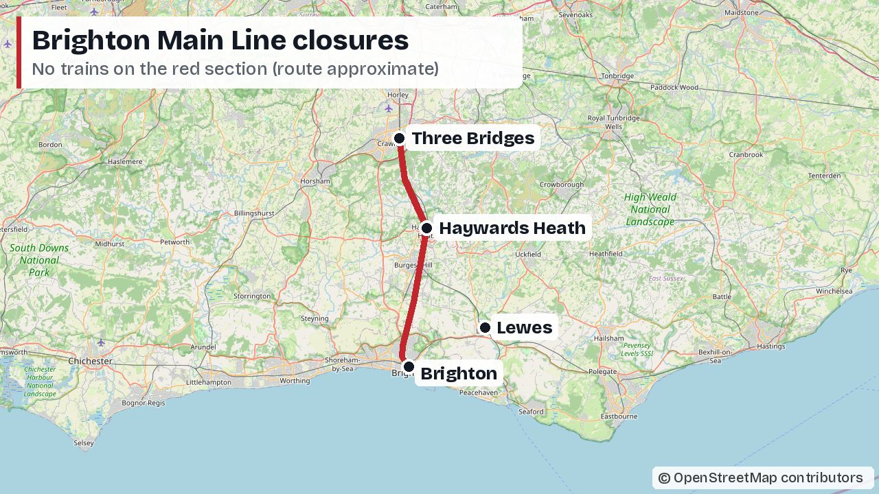 Map of Sussex showing the Brighton Main Line between Brighton, Haywards Heath and Three Bridges in red, with Lewes marked to the east