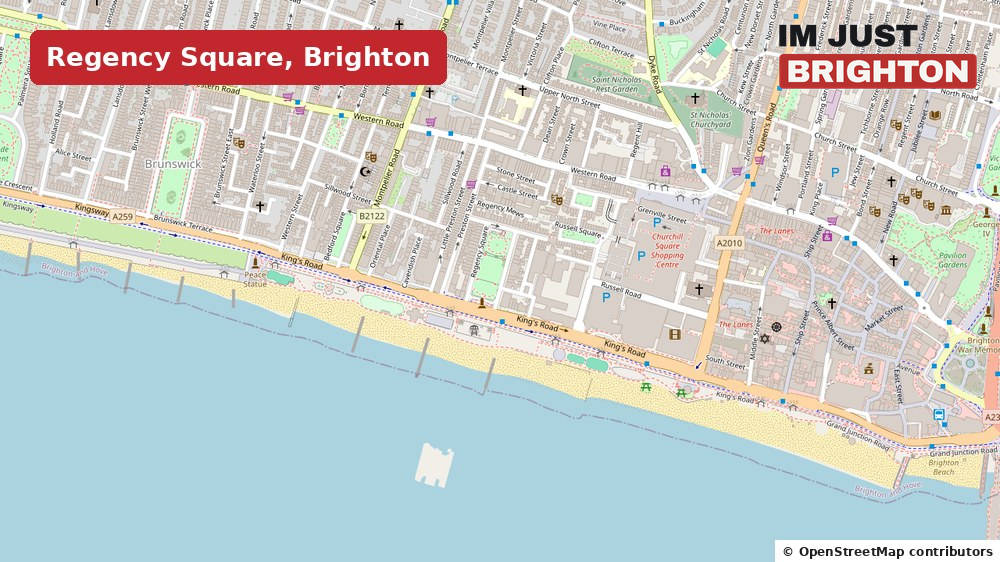 A map of the Brighton seafront around Regency Square, with the square labelled in a red box