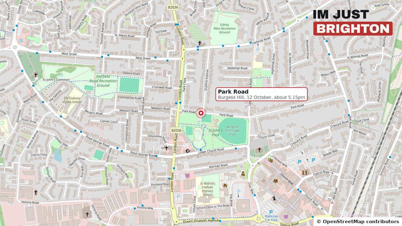 Map of Park Road in Burgess Hill, West Sussex, with a pin marking the road