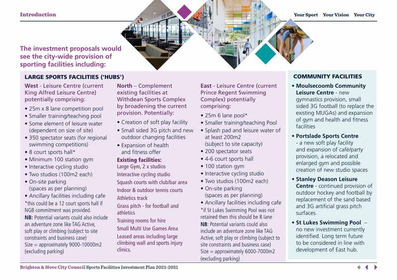 Page 6 of the council’s Sports Facilities Investment Plan, listing the proposed west, north and east hubs and the community facilities