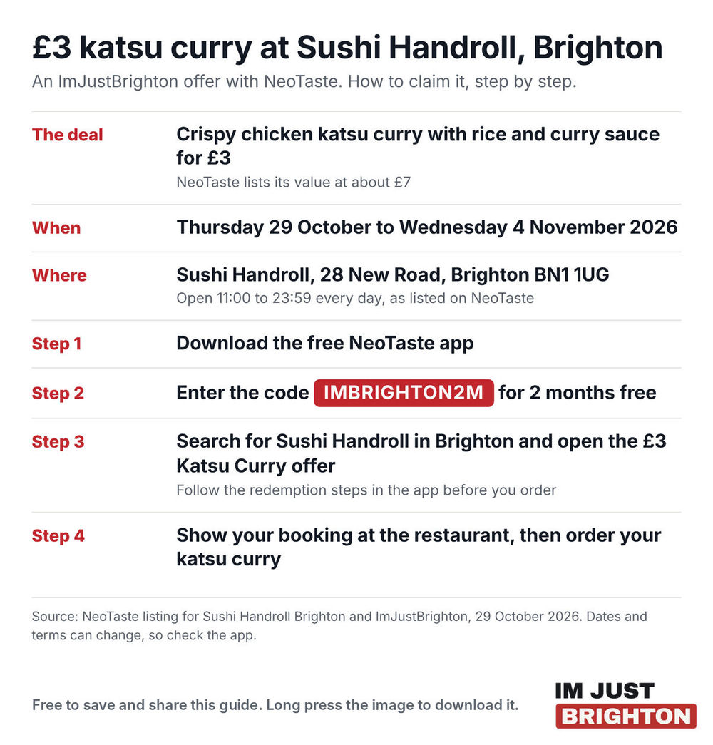 Step by step guide to the £3 katsu curry deal at Sushi Handroll Brighton, with the dates, address and the NeoTaste code IMBRIGHTON2M