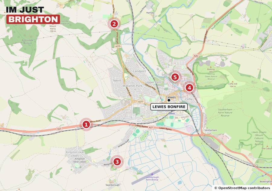 Map of the five road closure points around Lewes on 5 November 2026, numbered 1 to 5