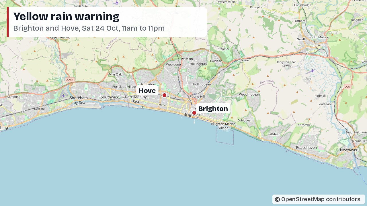 Map of Brighton, Hove and the Sussex coast showing the area under the Met Office yellow rain warning on Saturday 24 October 2026