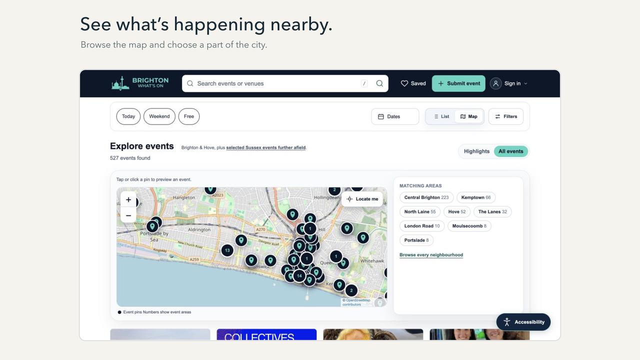 The Brighton What’s On map view with event pins across Brighton, Hove and Kemptown and a list of neighbourhoods