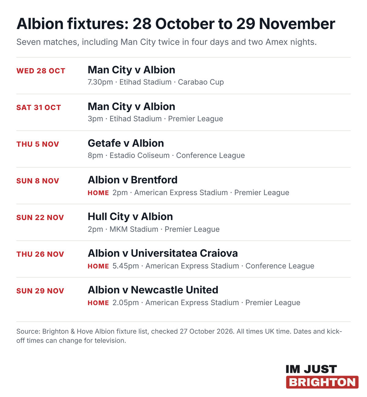 Albion fixtures from 28 October to 29 November 2026 with dates, kick-off times, venues and competitions
