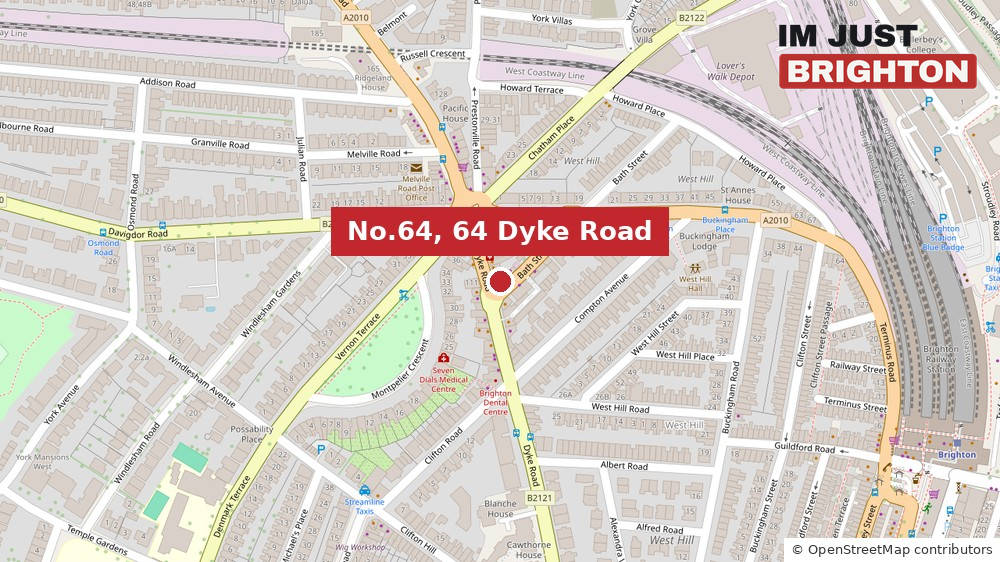 A map of Seven Dials in Brighton with the location of No.64 on Dyke Road marked in a red box