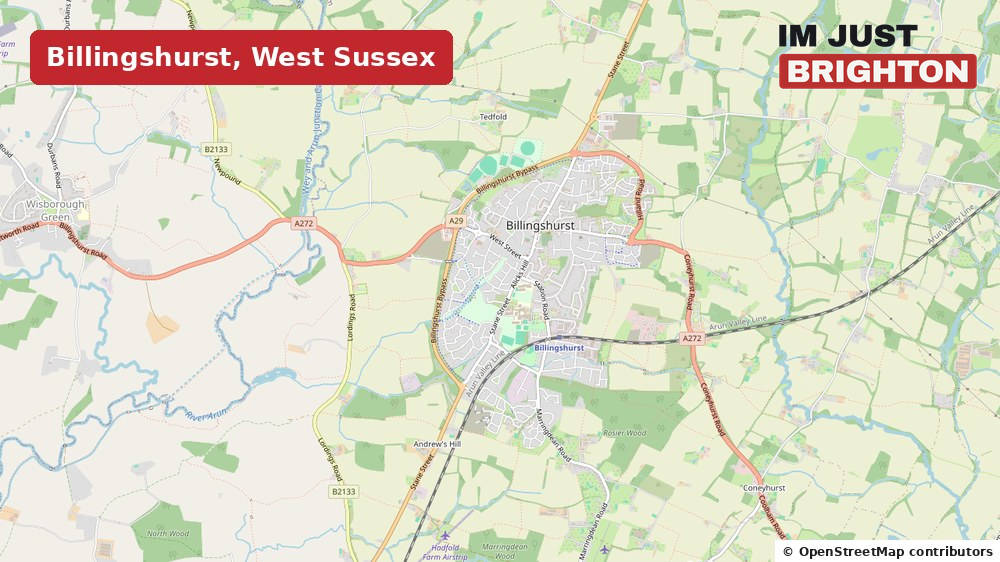 A map of Billingshurst and the surrounding West Sussex countryside with the village labelled in a red box