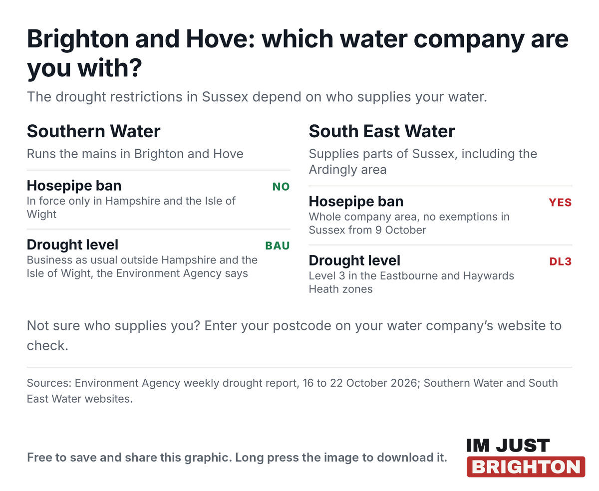 Brighton and Hove drought restrictions by water company: Southern Water has a hosepipe ban only in Hampshire and the Isle of Wight, South East Water has a hosepipe ban across its area with no exemptions in Sussex from 9 October and drought level 3 in the Eastbourne and Haywards Heath zones