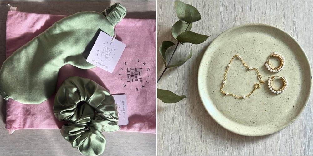 A pistachio green silk eye mask and scrunchie on a pink Mille Saisons drawstring bag, next to gold pearl hoop earrings and a pearl bracelet on a speckled ceramic plate