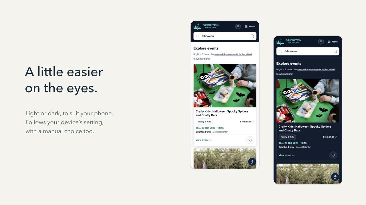 The Brighton What’s On website on two phones, one in light appearance and one in dark appearance