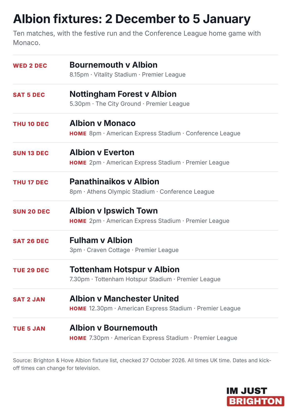 Albion fixtures from 2 December to 5 January with dates, kick-off times, venues and competitions