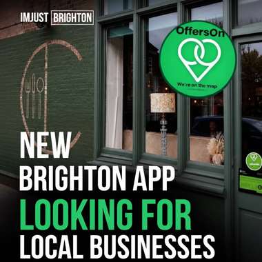 OffersOn and ImJustBrighton graphic reading New Brighton app looking for local businesses, beside the green OffersOn We are on the map logo