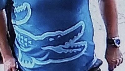 Close-up of a large crocodile design on the front of a blue T-shirt in a CCTV image released by Sussex Police