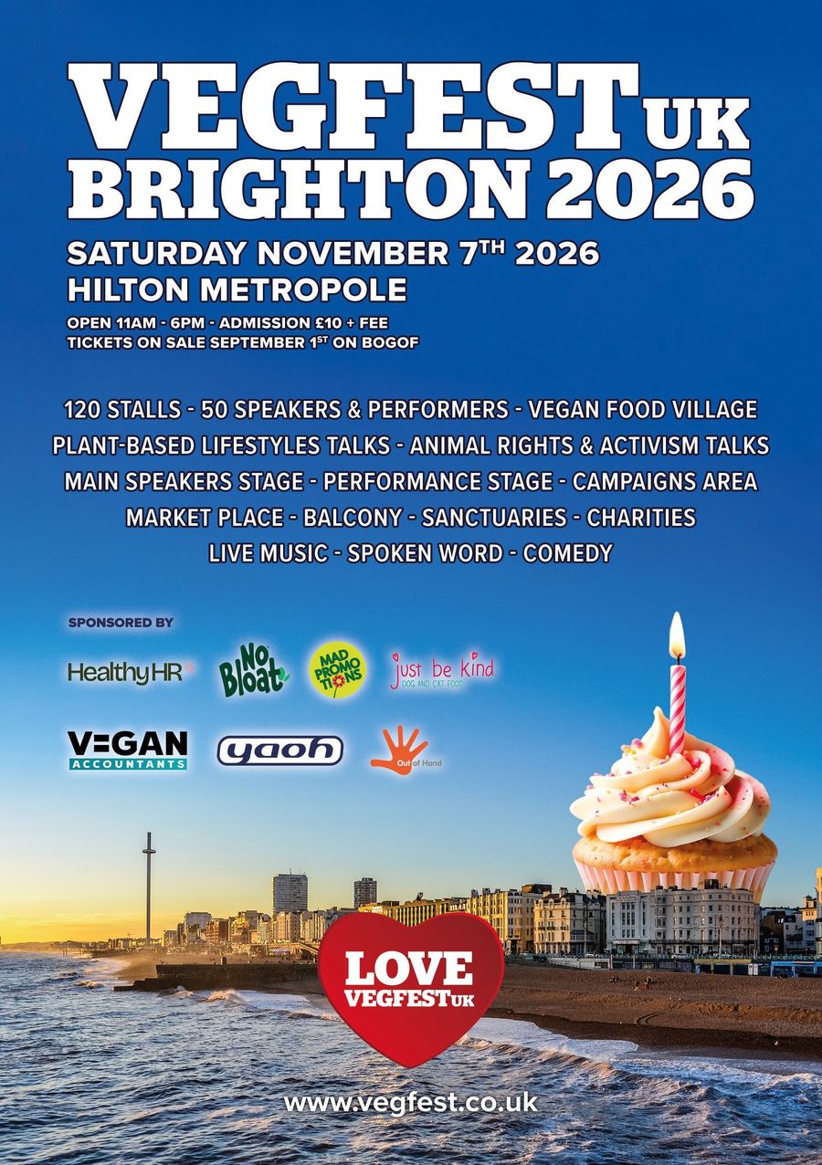 Poster for VegfestUK Brighton 2026 on Saturday 7 November at the Hilton Metropole, open 11am to 6pm, with a blue sky over Brighton seafront and the i360